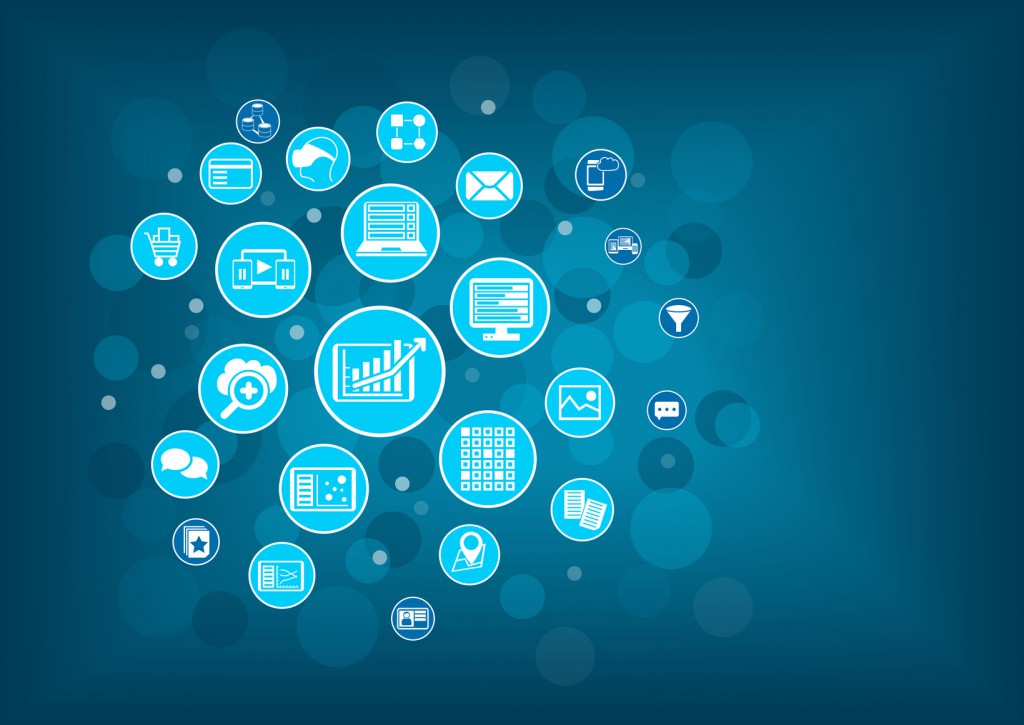Big data analytics background concept. Blue circles and bubbles as vector illustration.