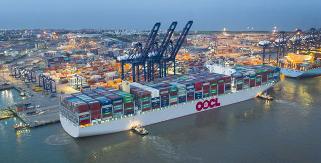 Worlds largest container ship the 21413 TEU OOCL Hong Kong makes m