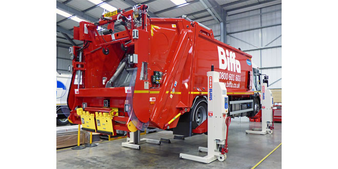 Stertil Koni wireless mobile column lifts support inspections and production for Dennis Eagle