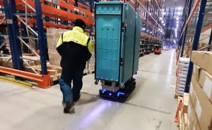 iFollow slimline autonomous mobile robots AMRs can carry two roll cages at once 1