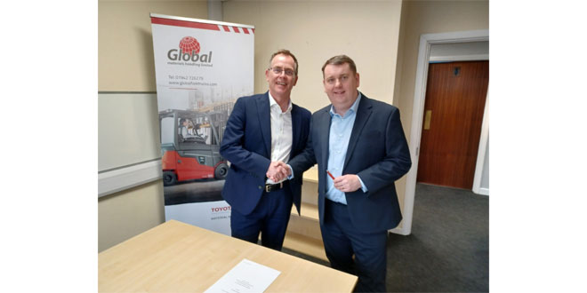 Toyota Material Handling UK’s managing director Nick Duckworth (left) and Andy Evans, MD of Global Materials Handling Ltd