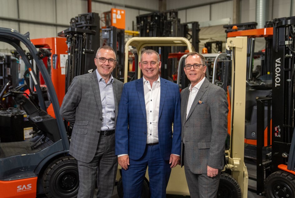 (L-R) Phill Bird - TMHUK Commercial & Logistics Solutions Director; Adam Hughes – Founder and MD of Spartan Forklifts; Nick Duckworth TMHUK Managing Director.